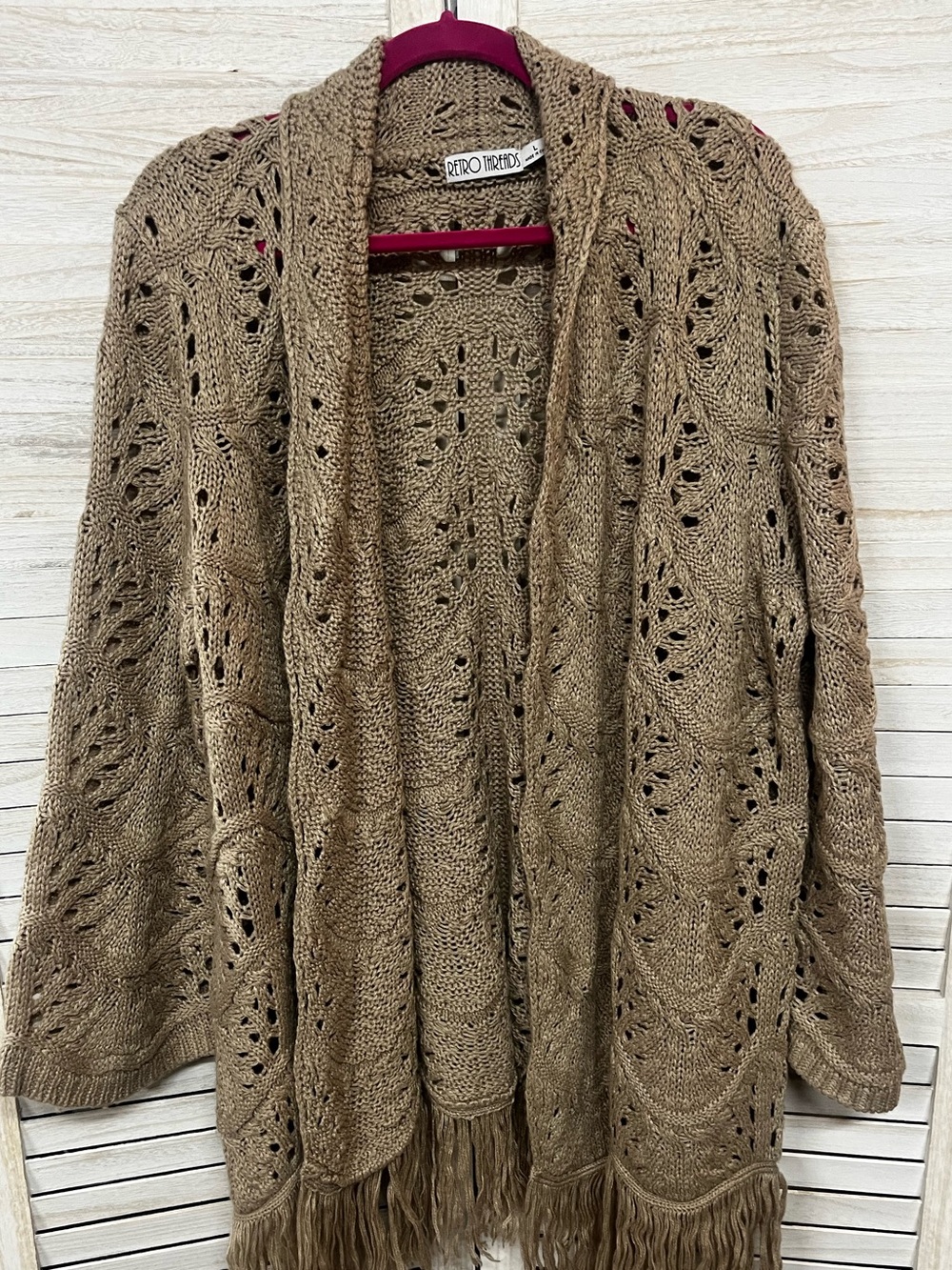Retro Threads L Open Knit Crochet Fringe Cardigan Boho Taupe Duster
